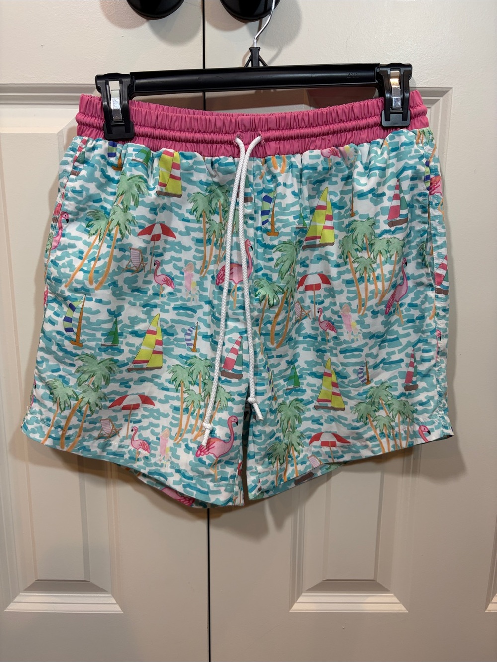 Beach Swim Trunks with Pink Waistband